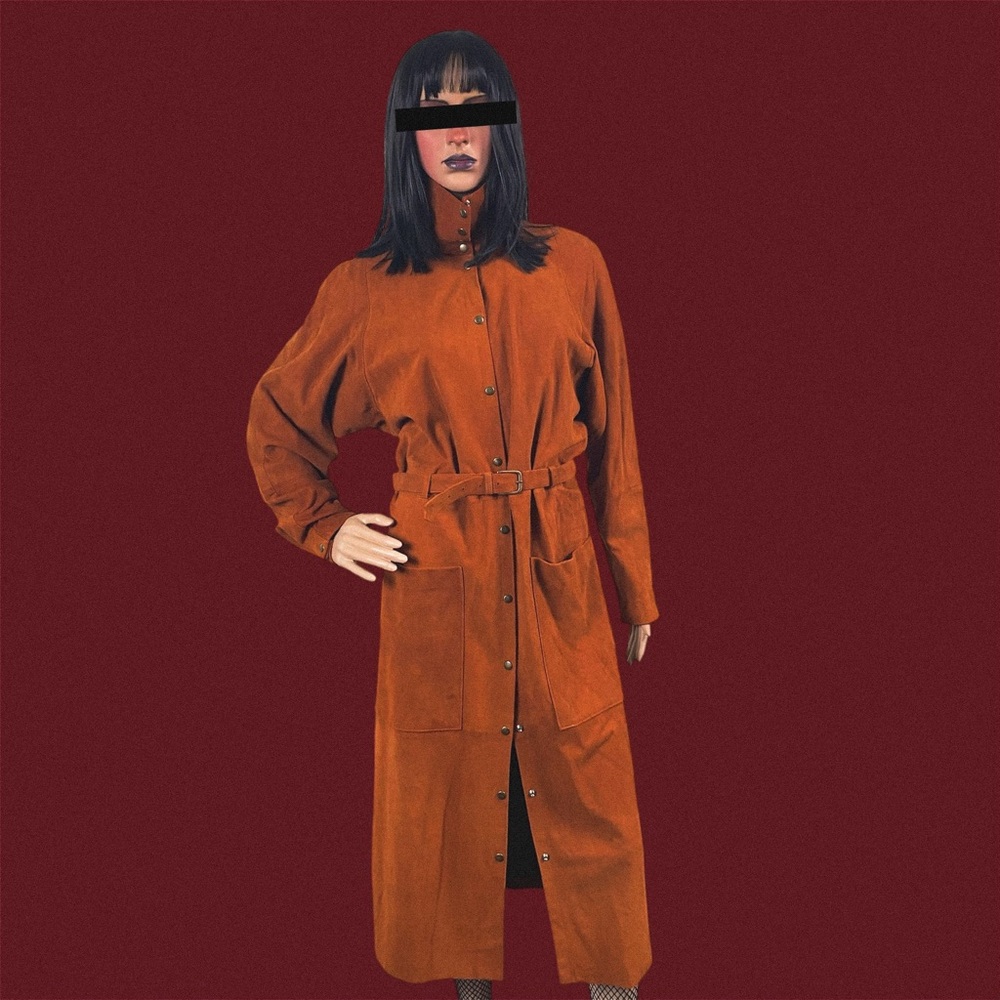 Vintage West Bay rustic orange suede belted coat with button snap closure